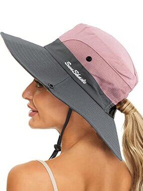 Women's Summer Sun-Hat Ponytail - Outdoor UV-Protection Mesh Wide Brim Foldable